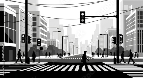City street scene with people crossing road at traffic lights in urban landscape