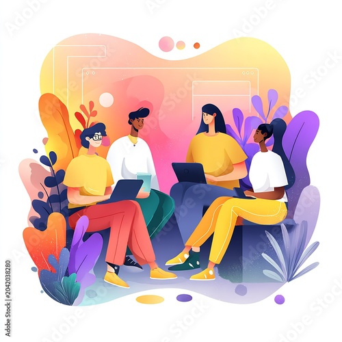 Colorful flat illustration of a diverse team collaborating with laptops in a stylized co working workspace