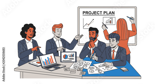 Team members present project plan in a modern office environment illustration