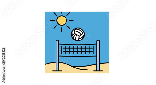 Volleyball net and ball under the sun vector illustration