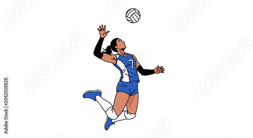 Volleyball player spiking ball in vector illustration against white background