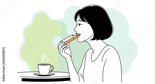 Woman enjoying a breakfast meal with a hot drink cartoon illustration