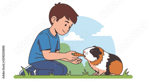 Young boy feeding a guinea pig with carrot outdoors cartoon illustration