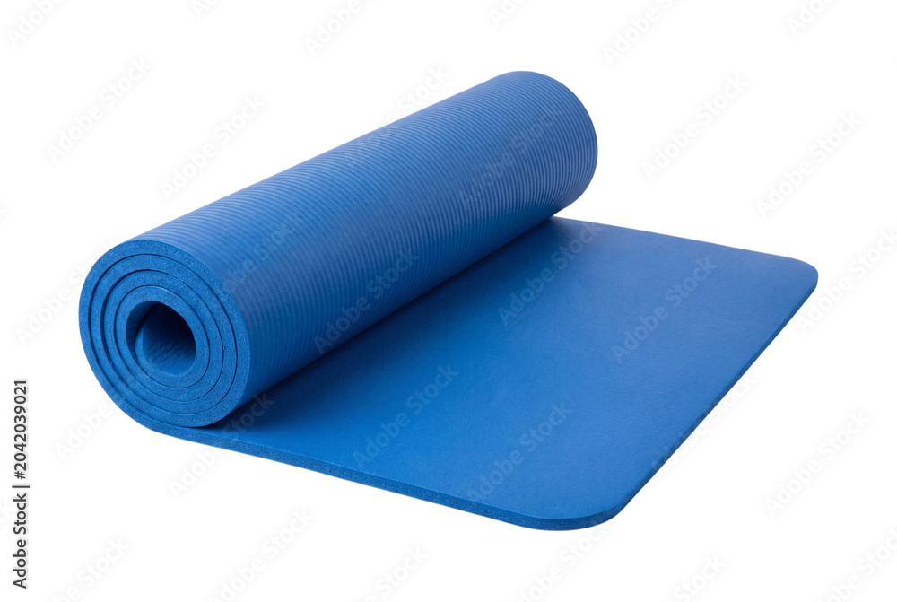 Obraz premium Rolled blue exercise mat, isolated on transparent background