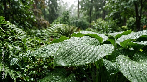 Dew Covered Green Leaves Growing in Lush Rainforest Under Soft Morning Light