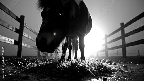 Black and White Horse Eating Hay in Field at Sunrise with Wooden Fence Silhouetted in the Background