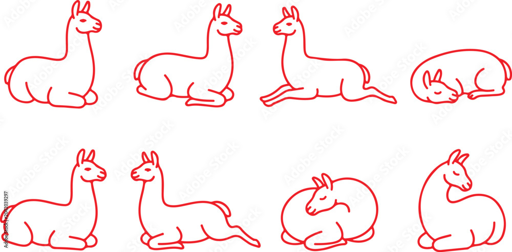 Obraz premium Red outline llamas in different poses on transparent background, set collection.