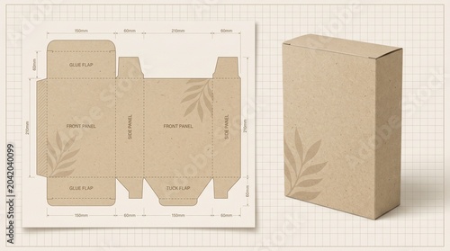 Kraft Paper Box Packaging Dieline and 3D Mockup with Leaf Design