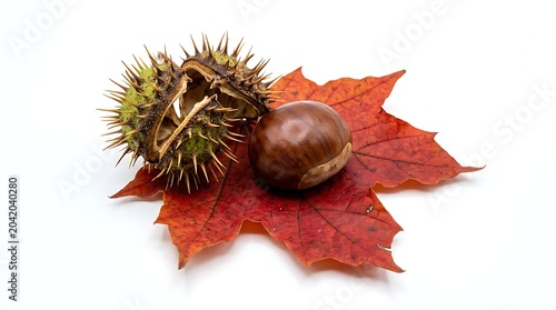 Glossy Chestnut and Spiky Husk Resting on Red Autumn Maple Leaf