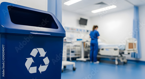 A blue recycling bin in a hospital ward with nurse
