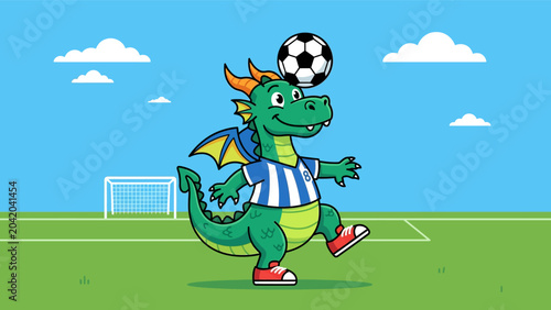 Green dragon wearing soccer jersey playing football on field with ball