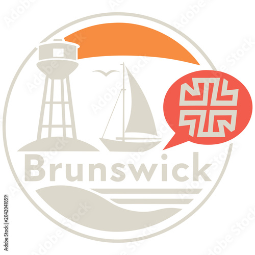 Brunswick Georgia Coastal Circle Badge Vector Logo with Water Tower, Sailboat, and Sunset Design