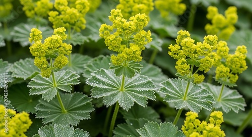 Yellow Lady Mantle Flowers Blooming with Dewy Green Leaves in Garden