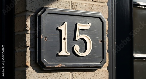 Black House Number 15 Plaque Mounted on Brick Wall in Sunlight