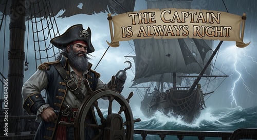Bearded Pirate Captain Steering Ship During Stormy Sea Battle