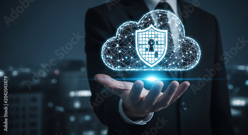Business professional holding digital cloud security shield with global network connection