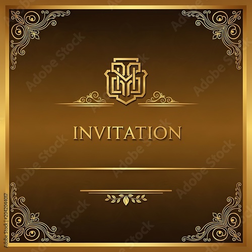 Elegant Gold Invitation Card with Ornate Floral Border on Dark Brown Background