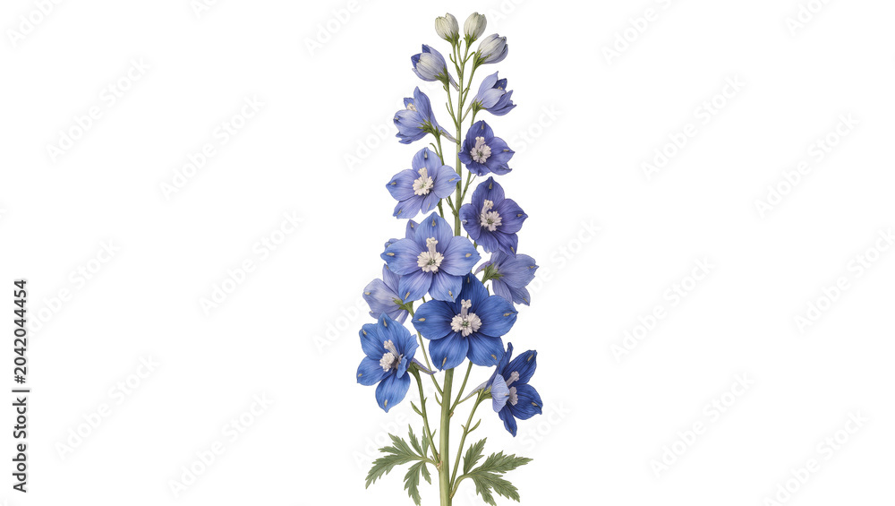 Obraz premium Tall blue delphinium flower with green leaves