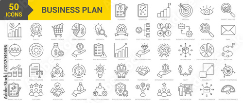 Business Plan icon collection set. Containing strategy, business development, market analysis, SWOT analysis, business model, marketing plan, customer segmentation icon. Simple line vector
