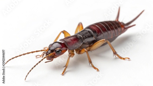 Close-up of a brown earwig with prominent pincers isolated on a pure white background.