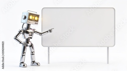 Retro Robot Giving Presentation on Blank Whiteboard in Modern Office