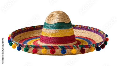 Foto Colorful woven sombrero with pom-poms
