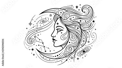 Foto Mystical Crescent Moon Woman Silhouette with Stars and Constellations, Astrology