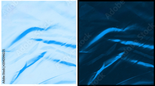 Photos Crumpled blue plastic texture background, wrinkled polyethylene film surface, ab