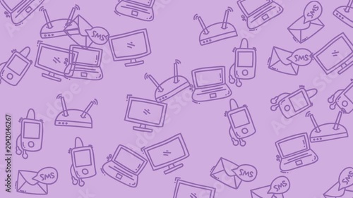 Purple background pattern with line drawings of technology devices like computers, routers, mobile phones, and envelopes. Suitable for techthemed designs.