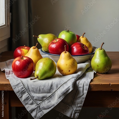 Fresh Red Apple and Ripe Pear Arrangement on Rustic Wooden Table
