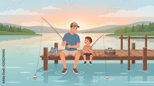 Father and son with peaceful and bonding mood fishing together on wooden dock in vector illustration style against lake and mountain sunset background