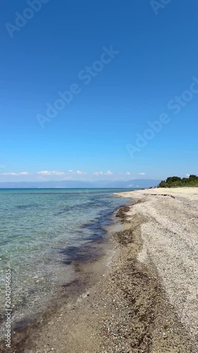 Tropical beach with palm trees, white sand, crystal clear sea, sunny weather, paradise island atmosphere, relaxing coastal view