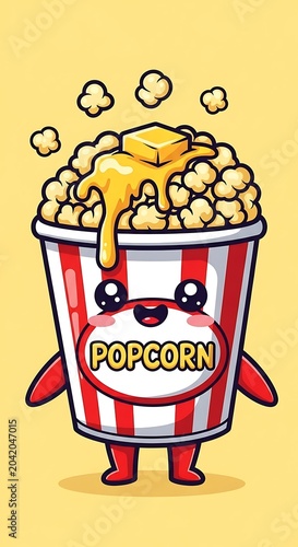 Cute Cartoon Popcorn Bucket Smiling with Melted Butter on Yellow Background
