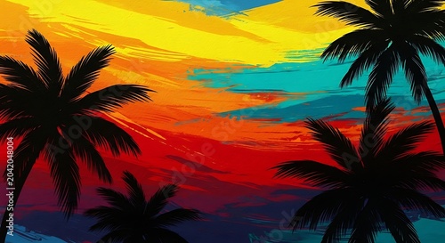 Silhouette of palm trees against a sunset sky with colorful clouds tropical colorful landscape vacation silhouette paradise