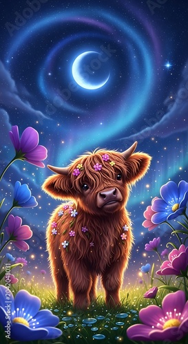 Adorable Highland Calf Standing Among Colorful Flowers Under Crescent Moon Night Sky