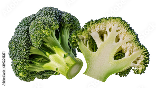 Photos Fresh broccoli head cut in half showing florets and stem