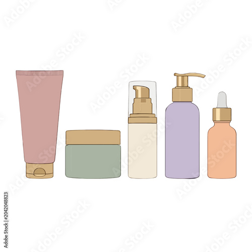 Cosmetic products line with tubes and bottles