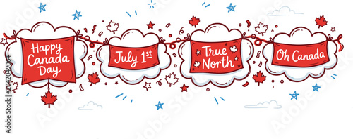 Canada Day banner bunting illustration with Happy Canada Day July 1st True North and Oh Canada cloud pennants maple leaf confetti hand drawn doodle