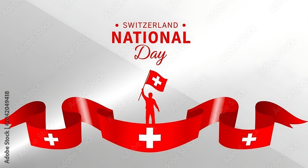 Fototapeta premium Swiss National Day celebration with waving red flags and white cross on bright background