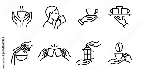 A collection of simple line art illustrations depicting various hands holding coffee cups indoors.