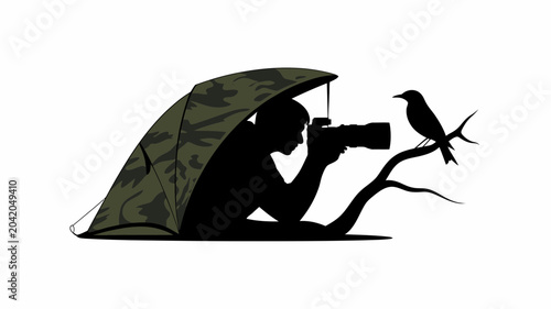 Camouflage tent, birdwatching silhouette, wildlife photography, outdoor adventure icon