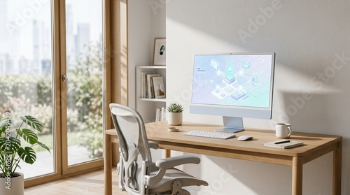 Modern Workspace Setup, Urban Apartment, Digital Art, Bright Environment, Contemporary View