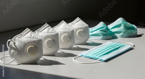 White Respirator Masks and Blue Surgical Masks Arranged on Sunlit Table