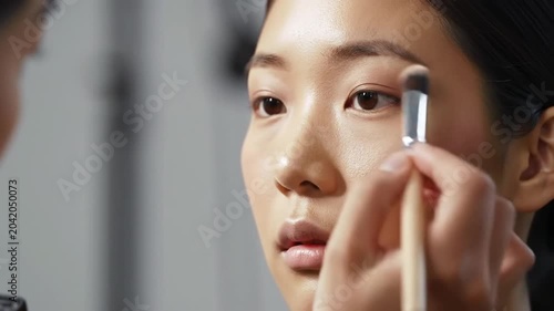 Asian Woman Getting Eye Makeup Applied with Brush in Beauty Studio.