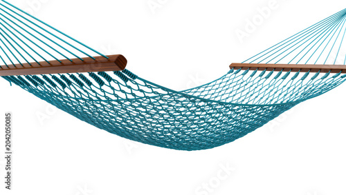 Foto Teal woven net hammock with wooden spreader bars