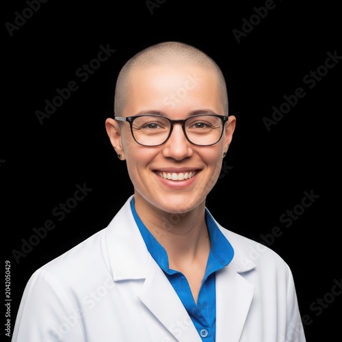 Smiling female medical professional with shaved head wearing glasses and white lab coat.