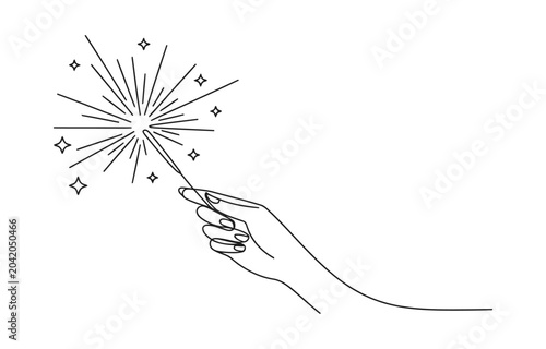 Female hand holding burning sparkler line art flat vector illustration.