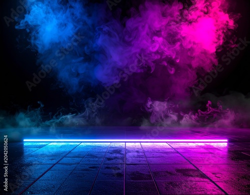 Cinematic Neon Smoke Stage Background with Wet Reflective Floor and Volumetric Lighting

