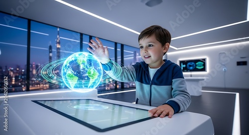 Curious Young Boy Touching Glowing Holographic Earth in Futuristic Room