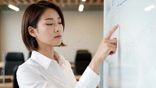 Businesswoman pointing at whiteboard during a presentation in the office.